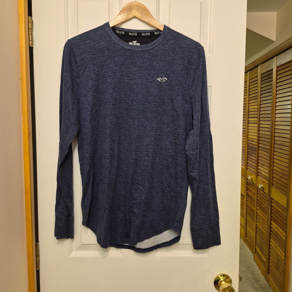 Hollister Mens Curved Hem Tee Long Sleeve Shirt Heather Navy Blue Size M Cotton